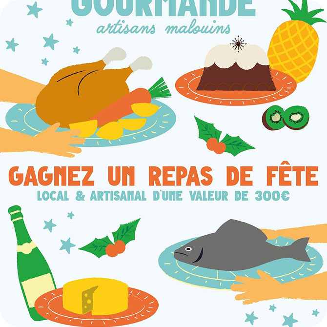 Affiche d’un concours avec plats de fête et texte sur un repas à gagner